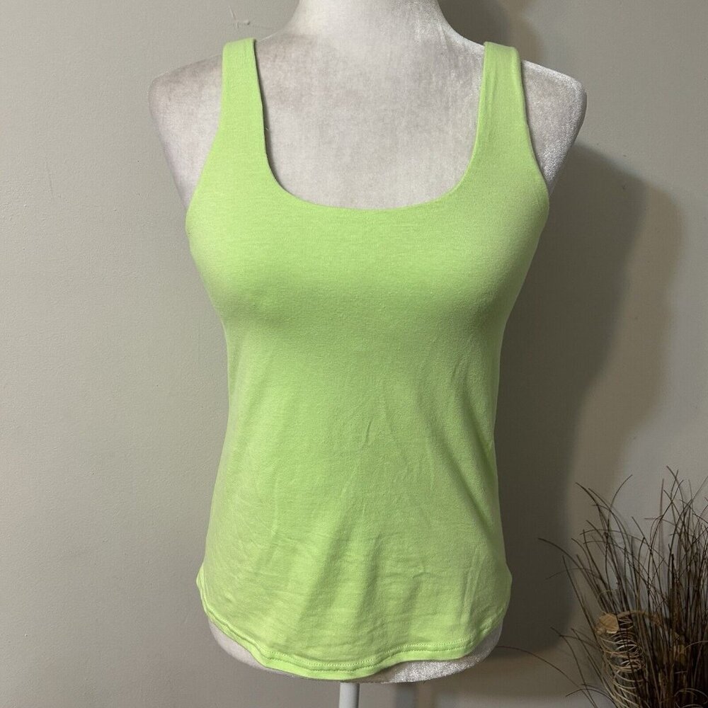 Solutions Women Sport Tank Top Lemon Green Padded Built In Bra Wide Strap Sz 34B